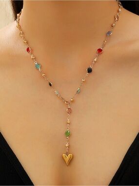 Gold Multi-Color Heart Drop Necklace - Women Jewelry